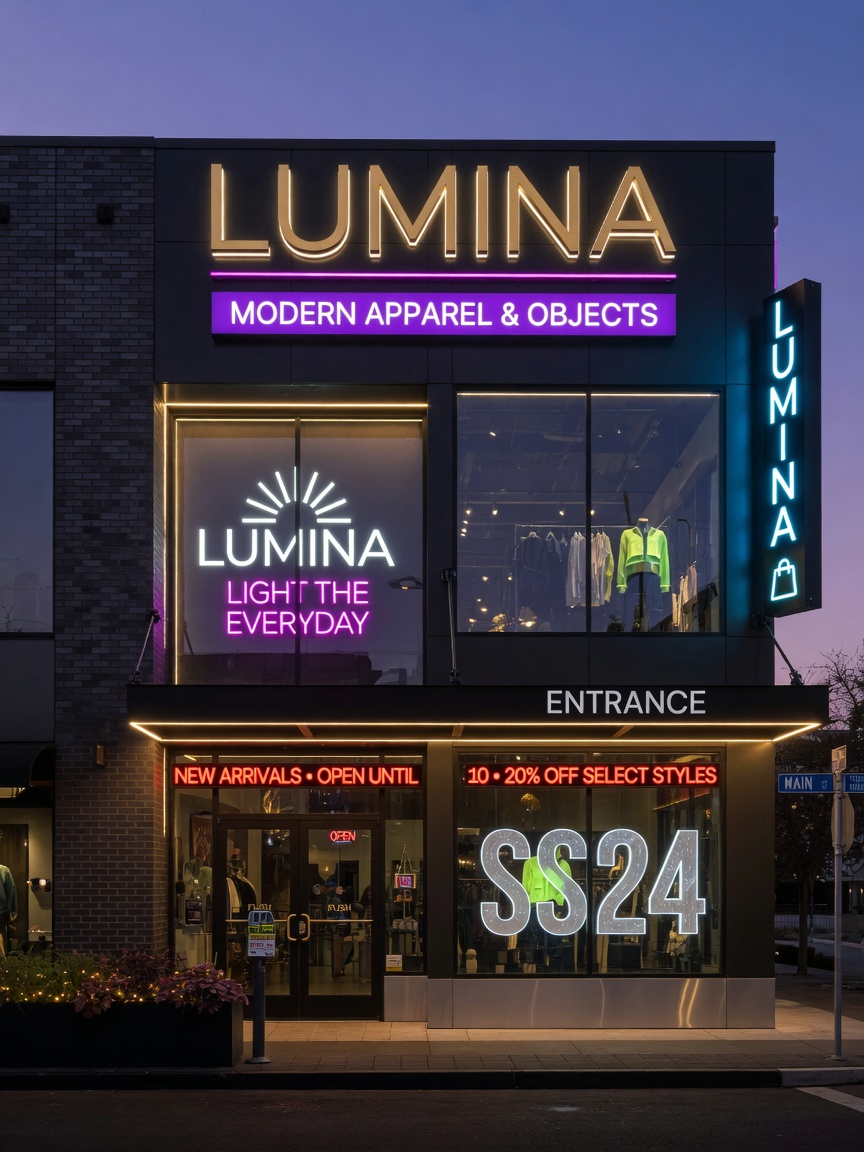 Ultra-realistic 8K architectural elevation showing retail branding and illuminated signage designed to be readable from the street at twilight