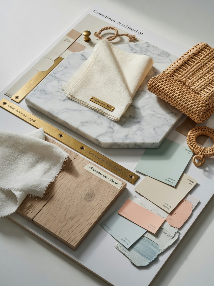 Close-up of luxurious material board with coastal interior design samples including linen fabrics, rattan textures, marble, brass accents, wood samples and paint swatches, studio product photography, 8K detail