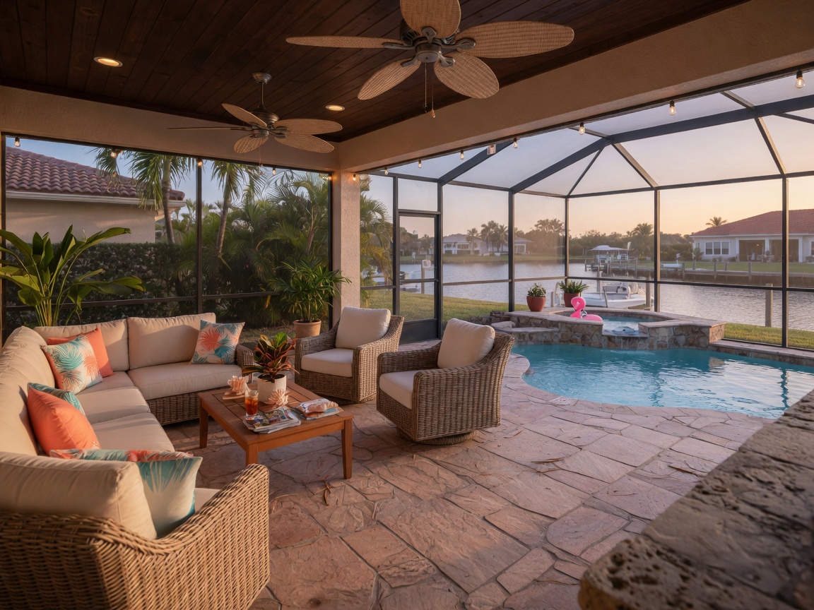 Realistic 8K image of an outdoor-indoor lanai living space in Cape Coral Florida with comfortable seating, ceiling fans, natural stone flooring, and seamless transition to pool area